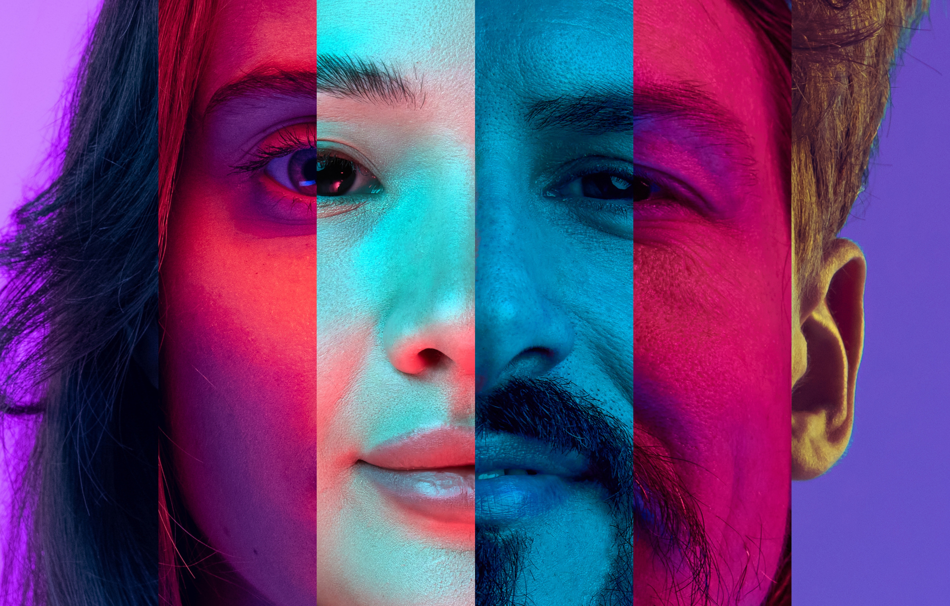 Teile von unterschiedlichsten Gesichtern sind zu einem Gesamtgesicht zusammengesetzt; das Gesicht ist so eingefärbt, dass es an die Transgender-Flagge erinnert.