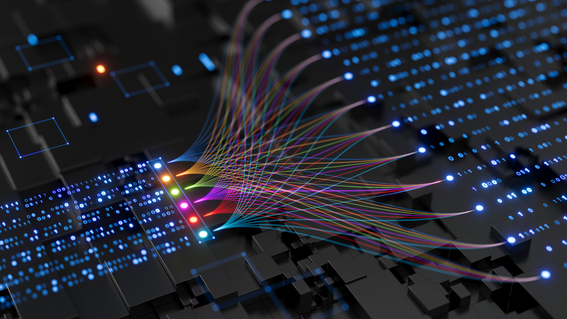 Eine abstrakte computergenerierte Darstellung, die an eine schwarz glänzende Leiterplatte erinnert. Auf der linken Seite sind zahlreiche blau leuchtende Nullen und Einsen zu sehen. Daneben sind mehrere leuchtende Farbpunkte. Von diesen gehen mehrere dünne bunte Linien aus. Die Linien bilden ein verzweigtes Netz. Die Darstellung der Linien erinnert auch vage an ein künstliches neuronales Netz.