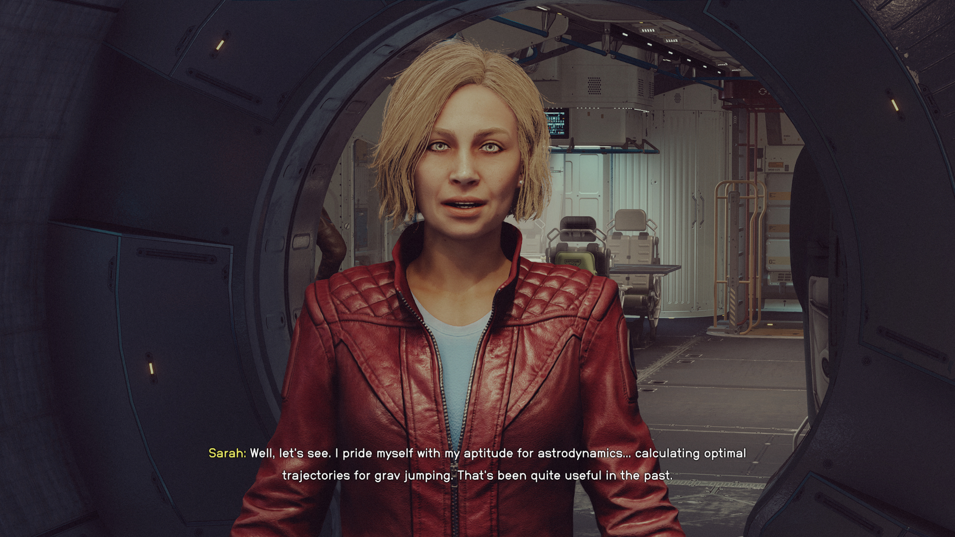 Screenshot aus dem Spiel Starfield, zu sehen ist eine blonde Frau in roter Jacke