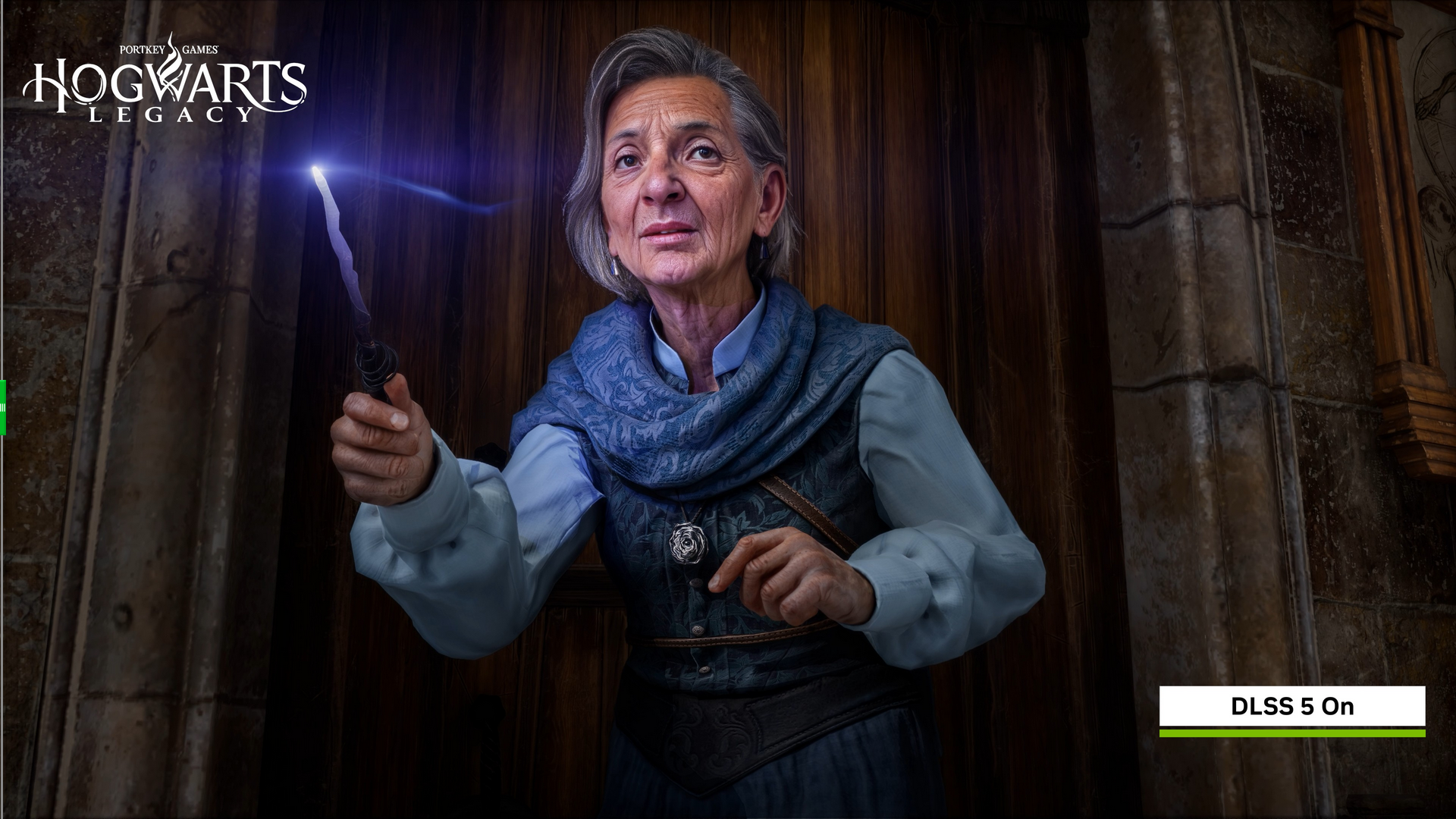 Eine alte Zauberin mit tiefen Falten im Computerspiel Hogwart's Legacy