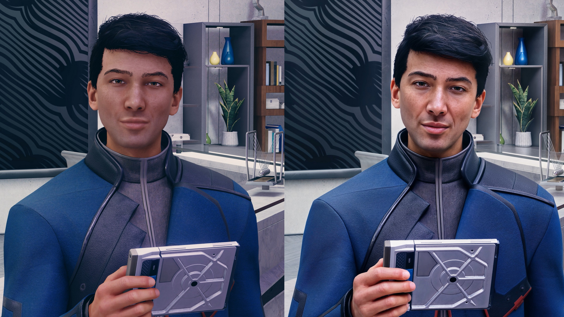 Das Vergleichsbild zeigt einen Mann in dem Computerspiel Starfield, links vor und rechts nach der Behandlung mit DLSS 5