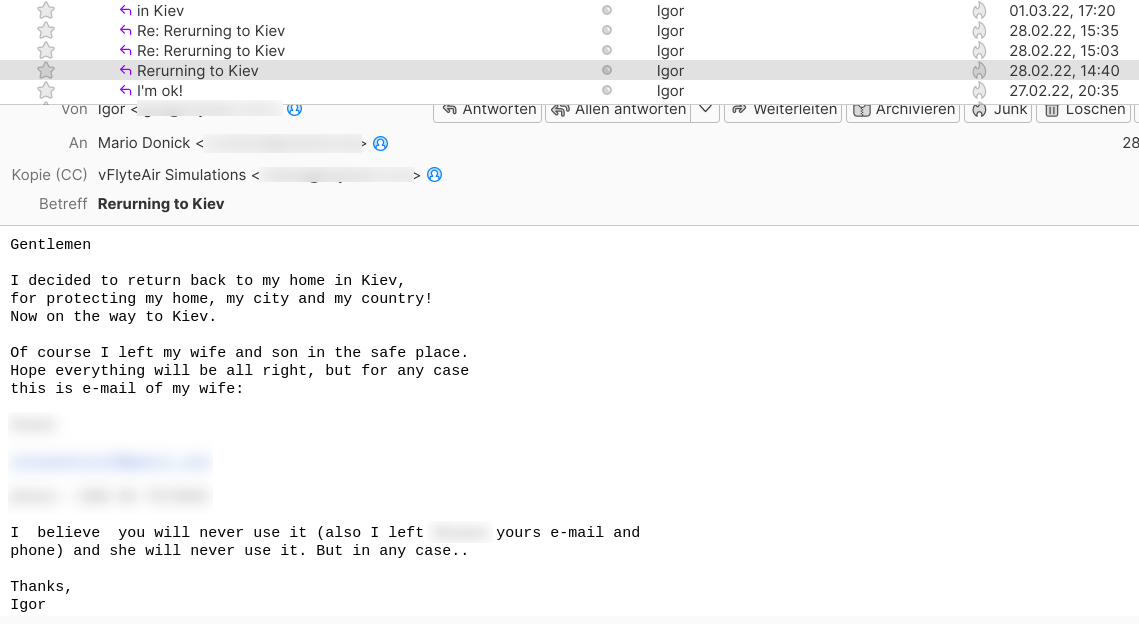 Screenshot von Igors E-Mail, in der uns mitteilt, dass er nach Kyiv zurückgeht