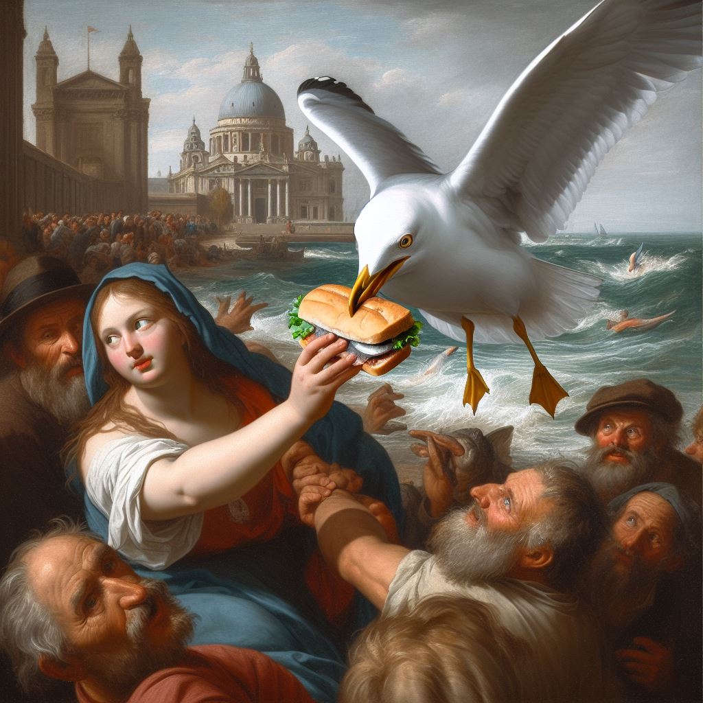 Zahlreiche Personen an der Küste, im Stil eines Rubens-Gemäldes, eine Frau hält ein Fischbrötchen, das ihr von einer Möwe weggeschnappt wird