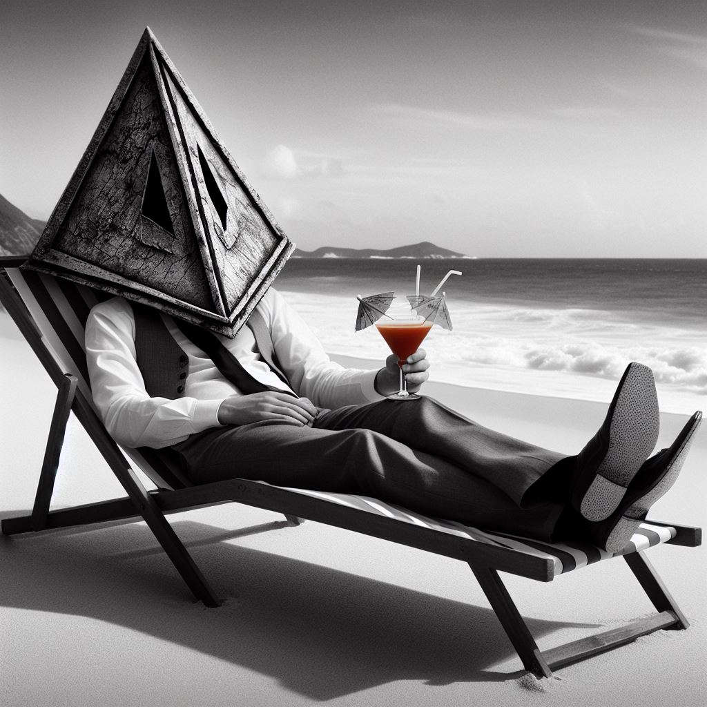 Pyramid Head aus Silent Hill 2 mit einem Getränk am Strand