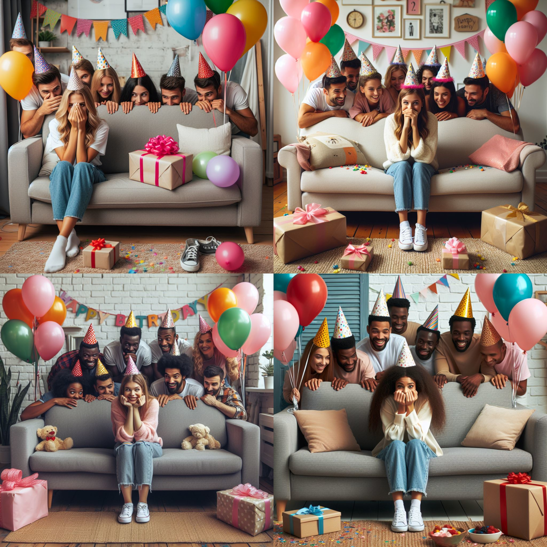 Mehrere KI-generierte Bilder einer Person auf einem Sofa, dahinter Gäste einer Überraschungsparty