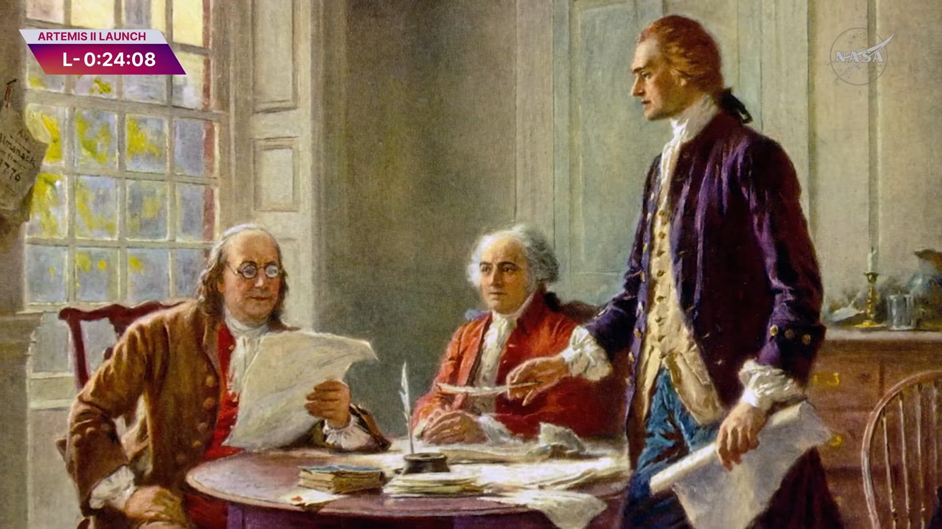 Ein altes Gemälde. Drei Männer betrachten ein Dokument, vor einem Tisch Oben links ist ein Countdown eingeblendet.