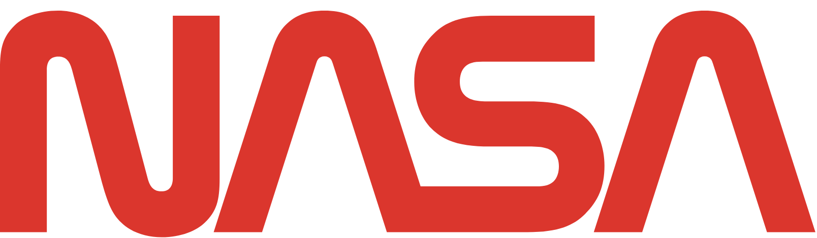 Roter Schriftzug: NASA. Die Buchstaben sind abgerundet, das A hat keine Querstrich, und das erste A geht fließend in das S über.
