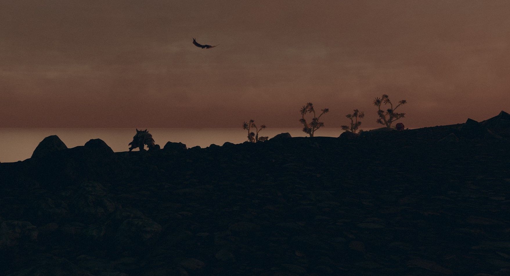 Küstenlandschaft bei Sonnenuntergang, ein außerirdisches Tier grast, am Himmel ein fliegendes Tier