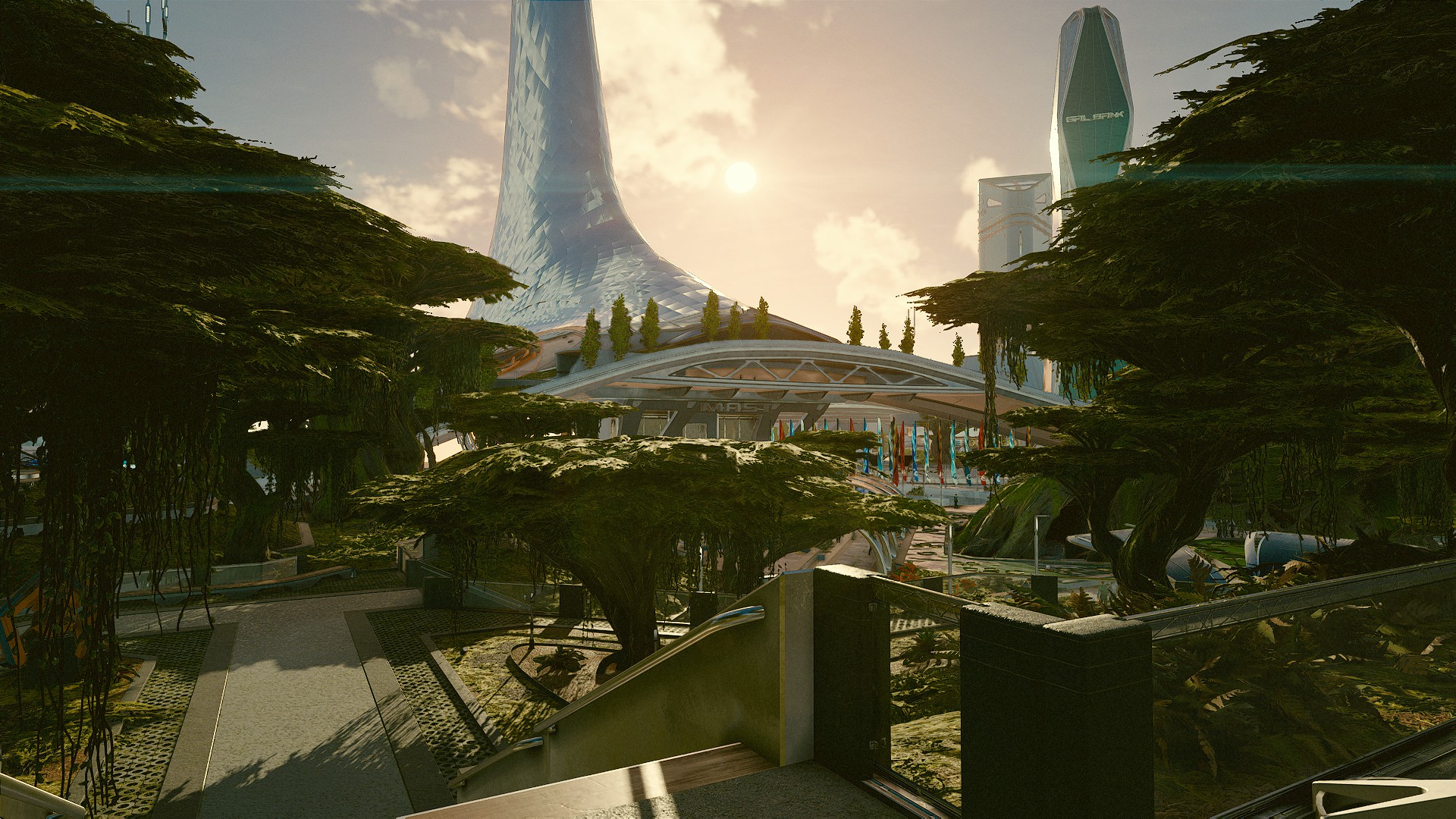 Science-Fiction-Stadt mit Wolkenkratzern und Bäumen bei Sonnenaufgang