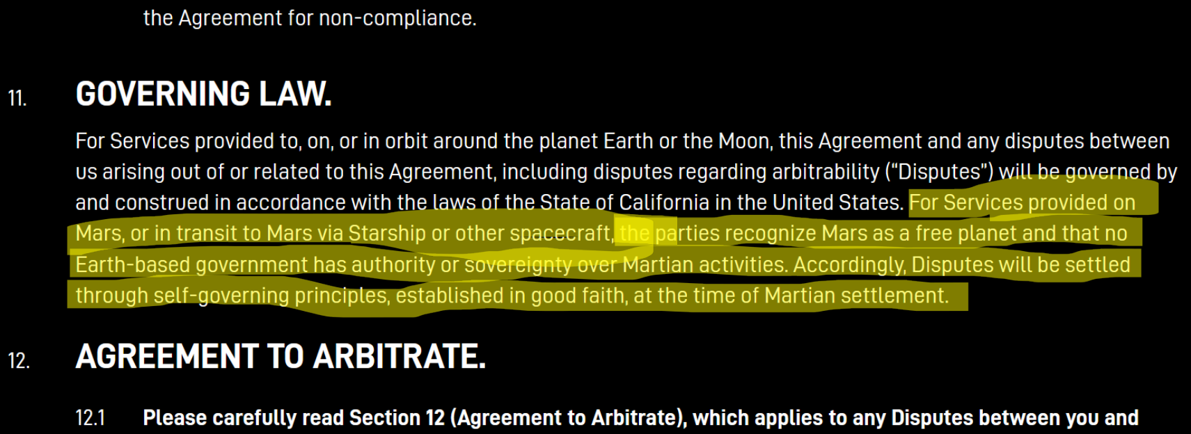 Screenshot der AGBs von Starlink, weiße Schrift auf schwarzem Grund